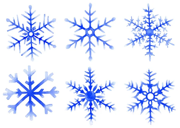 Set Snowflakes Hand Drawn Watercolor Isolated White Background — Stock Photo, Image