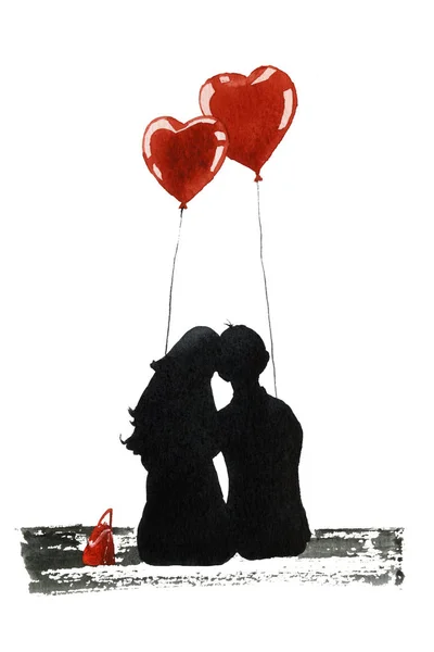 Siluet Pasangan Kekasih Duduk Bangku Dengan Balon Udara Berbentuk Hati — Stok Foto