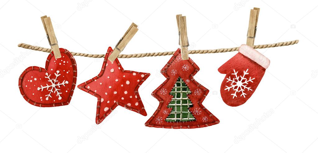 Christmas decorations hanging on the rope hand drawn in watercolor isolated on a white background.