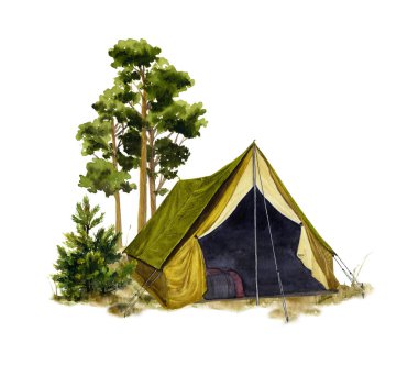 Bir orman el kampında resmini suluboya içinde boyalı