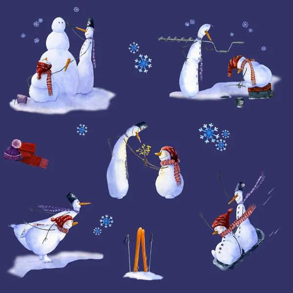 かわいい雪だるまの手のパターンを水彩で描いた 深い青色の背景色の濃い色雪だるまのスケート 雪だるまを作って — ストック写真
