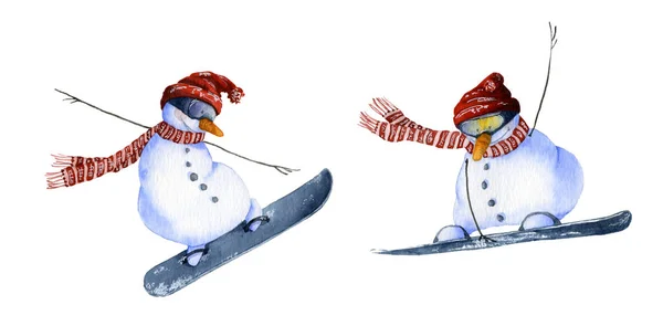 Snowmen Snowboarders Hand Painted Watercolor — Stock Photo, Image