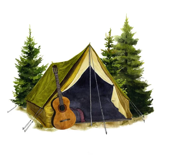 Picture of a tent with a guitar hand painted in watercolor