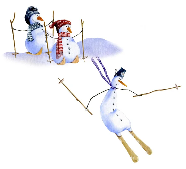 Two Skiing Snowmen Hand Painted Watercolor — Stock Photo, Image