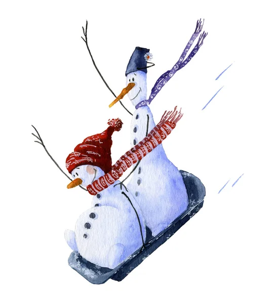 Two Snowmen Sledding Picture Hand Painted Watercolor — Stock Photo, Image
