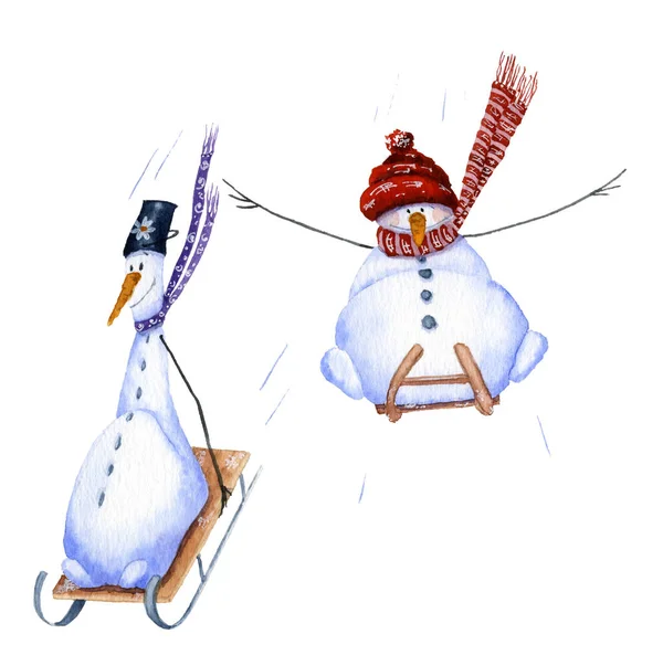 Two Snowmen Sledding Picture Hand Painted Watercolor — Stock Photo, Image