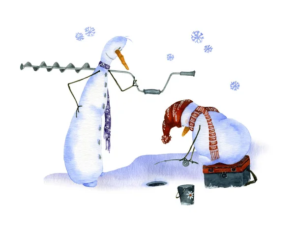 Two Snowmen Fishing Ice Picture Hand Painted Watercolor — Stock Photo, Image