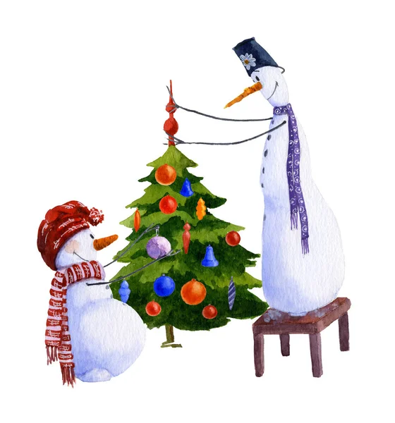 Kardan adam Noel ağacı süsleme. El boyalı suluboya resmi vardır