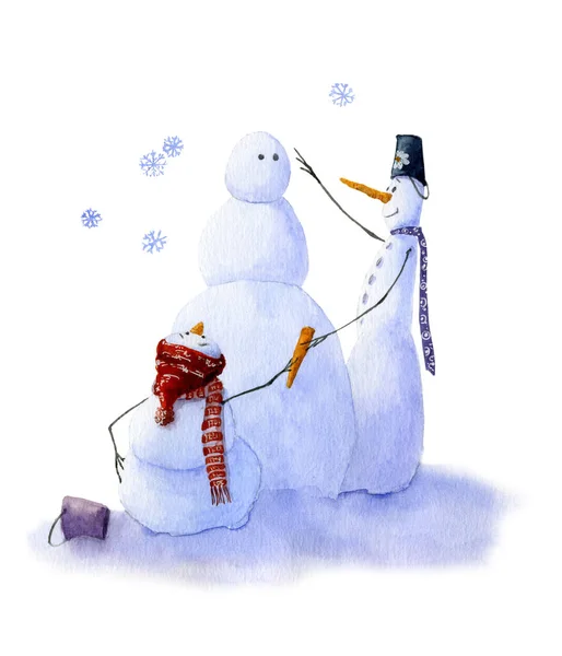 Two Snowmen Making Another Snowman Picture Hand Painted Watercolor — Stock Photo, Image