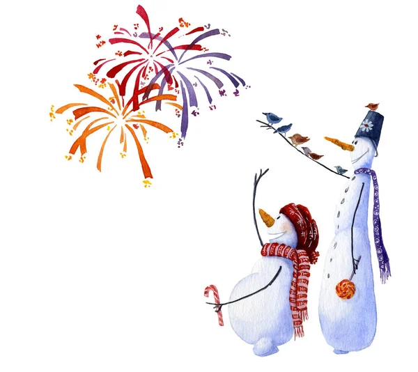 Two Snowmen Watching Fireworks Hand Painted Watercolor — Stock Photo, Image