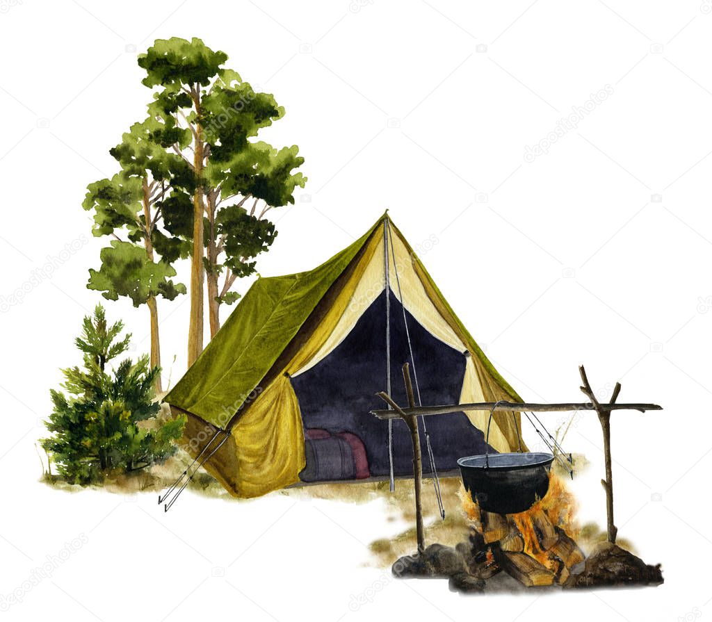 Picture of a campsite with a tent and a campfire hand painted in watercolor