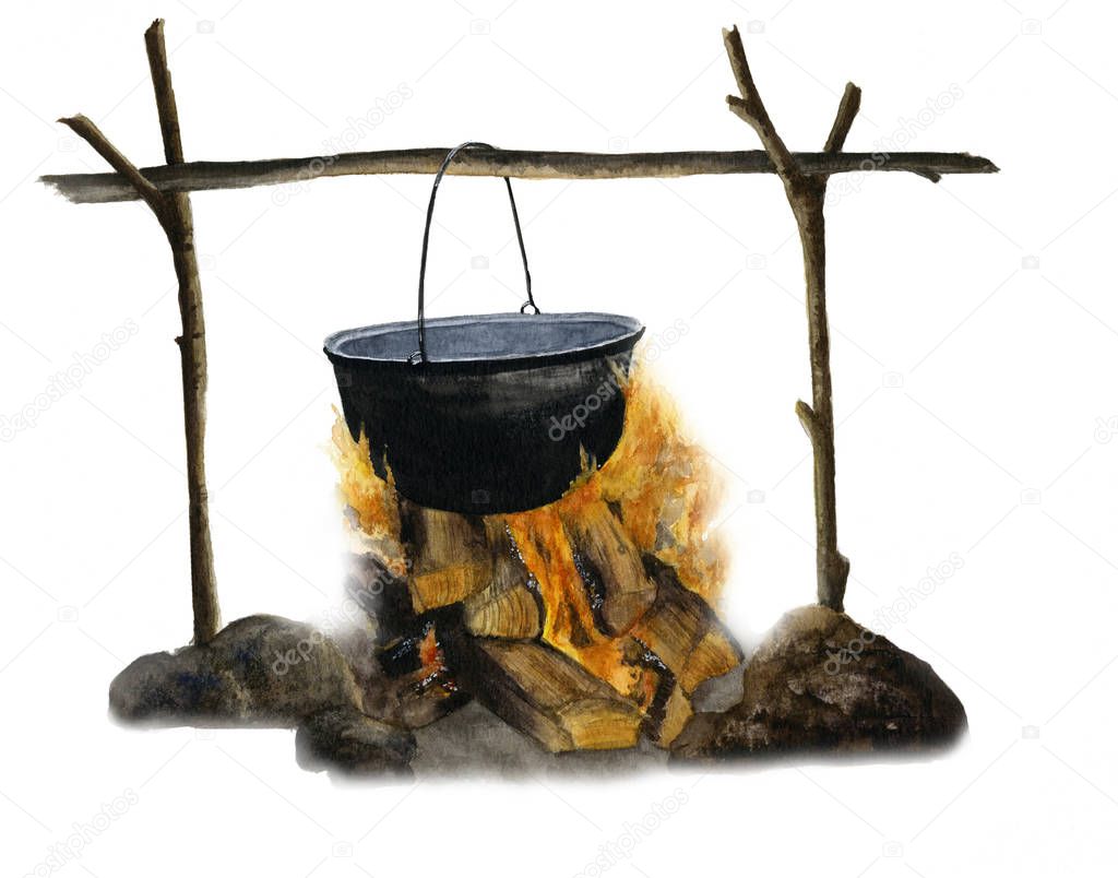 Campfire cooking. Picture of a pot above the campfire hand painted in watercolor