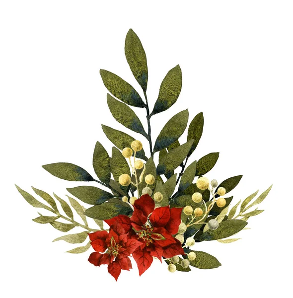 Boże Narodzenie Układ Składający Się Poinsettia Ręcznie Rysowane Akwarela Białym — Zdjęcie stockowe