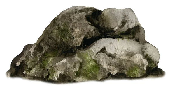Picture Big Mossy Boulder Rock Hand Painted Watercolor Isolated White — Stock Photo, Image