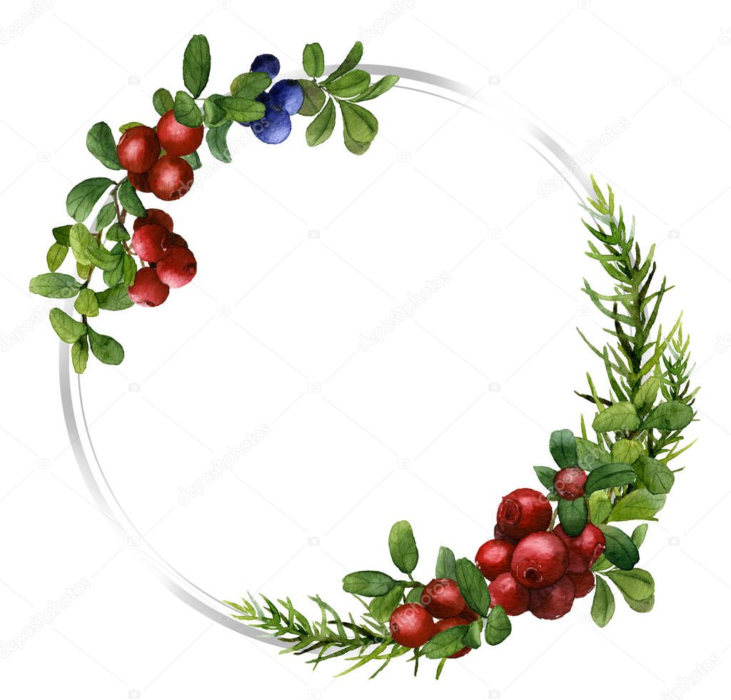 Beautiful floral and berry round frame hand painted in watercolor isolated on a white background