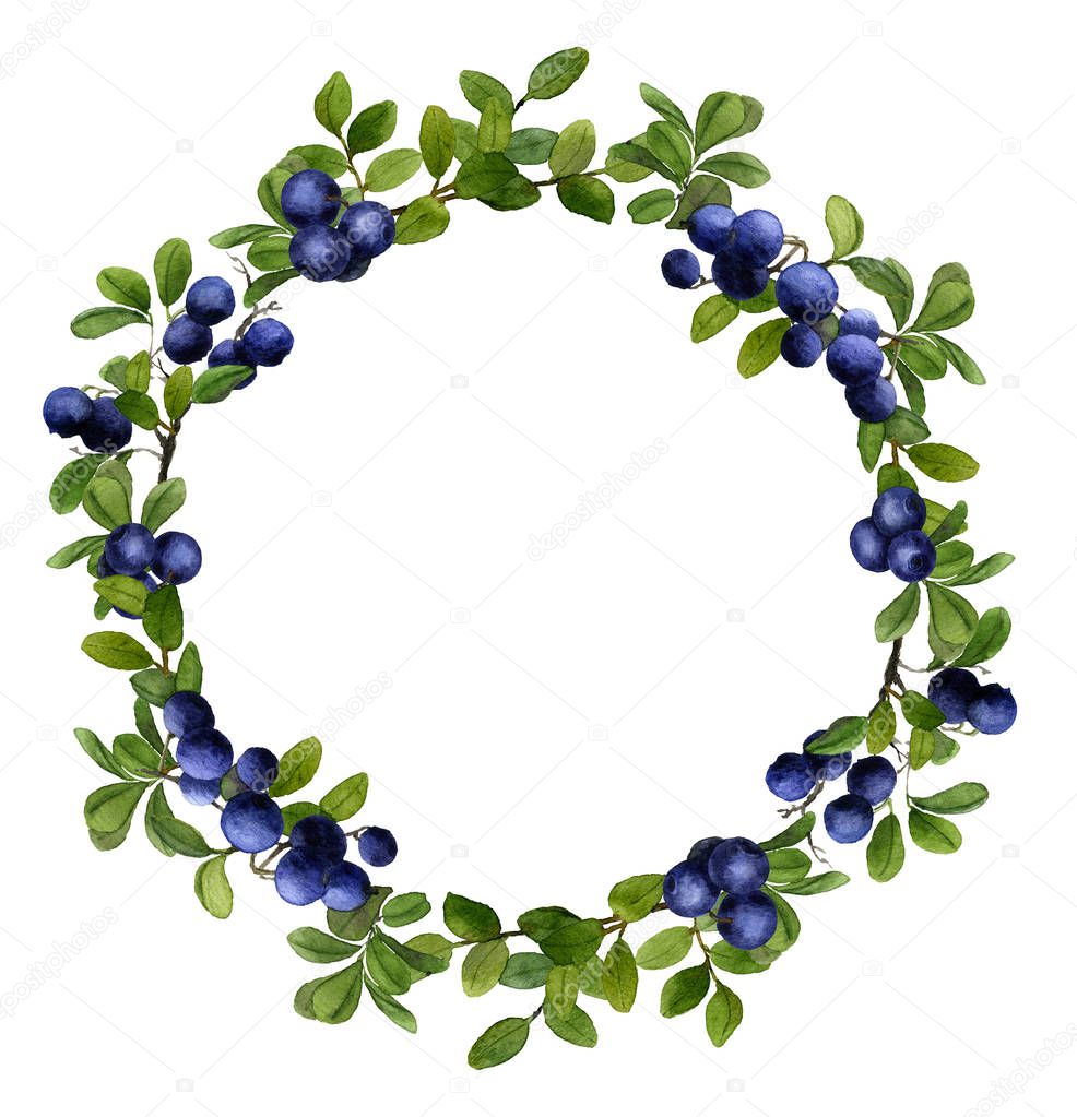 Beautiful floral and blueberry wreath hand painted in watercolor isolated on a white background