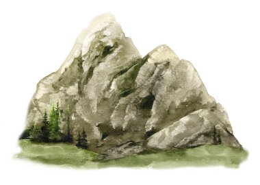 Beyaz arka plan üzerinde izole suluboya resim bir dağ Ladin el atış uzak mesafe ile boyalı