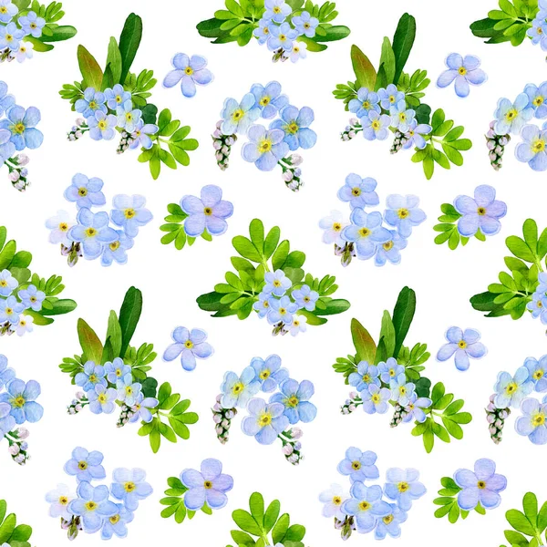 Blommönster Med Blå Förgätmigej Blommor Handmålade Akvarell Isolerad Vit Bakgrund — Stockfoto