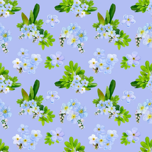 Blommönster Med Blå Förgätmigej Blommor Handmålade Akvarell Isolerad Blå Bakgrund — Stockfoto