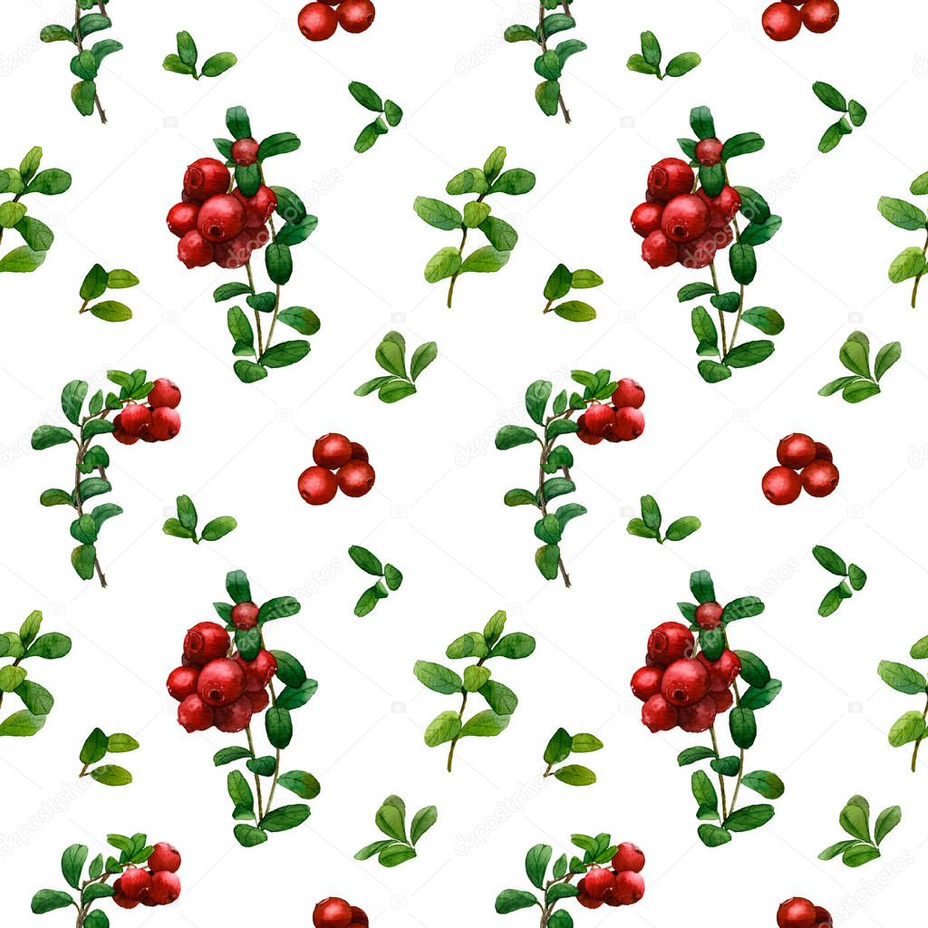 Beautiful floral and cowberry seamless pattern hand painted in watercolor isolated on a white background