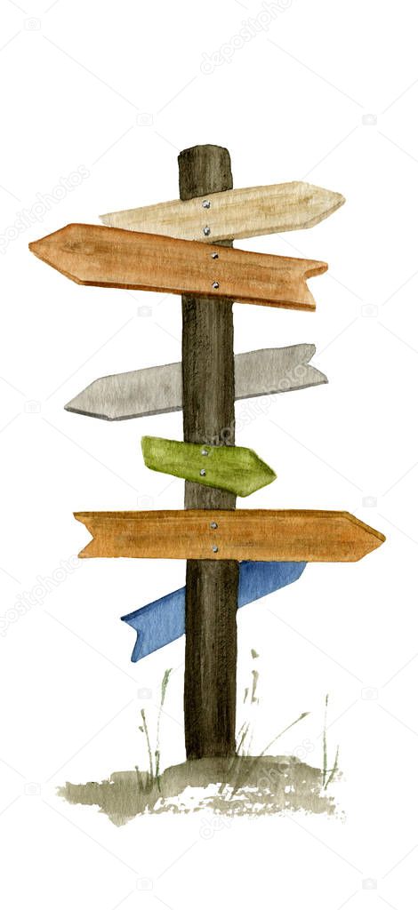 Picture of a signpost hand painted in watercolor isolated on a white background. 