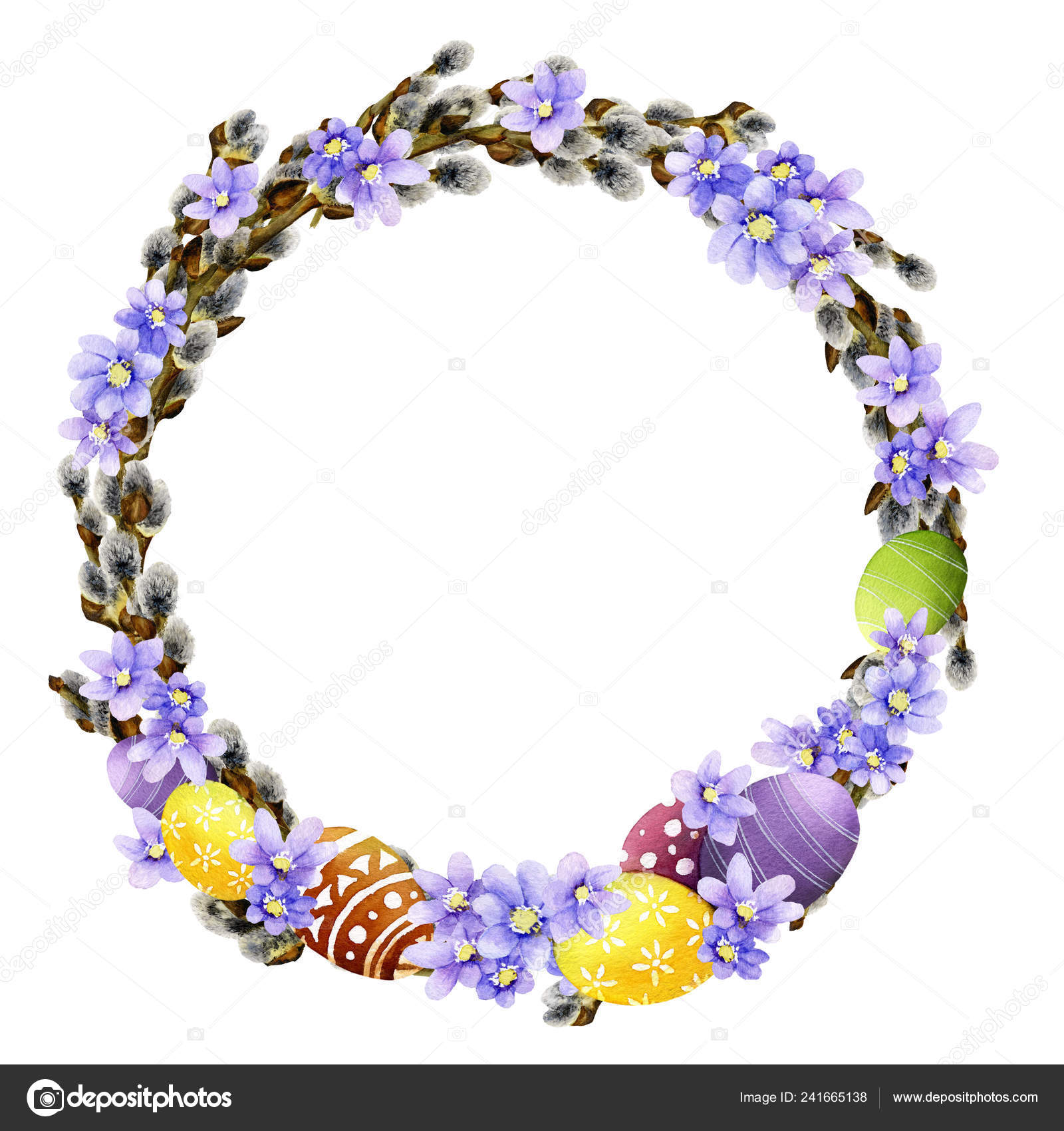 Tender Easter Willow Wreath Light Blue Flowers Decorated Eggs Hand