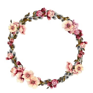 Beyaz bir arka plan üzerinde izole suluboya çizilmiş el ihale bahar willow çelenk ile erik ağacı pembe çiçekler