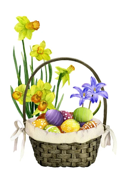 Cesta Decorativa Con Coloridos Huevos Decorados Narcisos Narcisos Amarillos Campanas —  Fotos de Stock