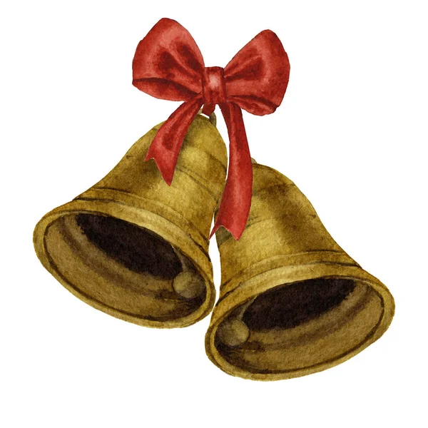 Picture Hand Bells Decorated Red Bow Ribbon Hand Painted Watercolor — Stock Photo, Image