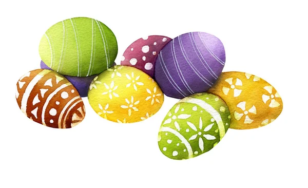 Imagen Huevos Pascuales Decorados Coloridos Dibujados Mano Acuarela Aislados Sobre —  Fotos de Stock