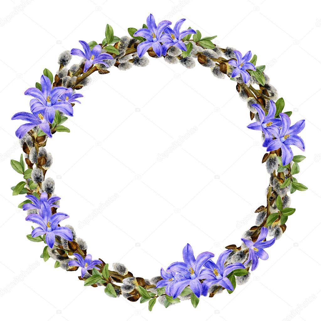 Tender spring willow wreath with bluebell flowers and little green branches hand drawn in watercolor isolated on a white background.