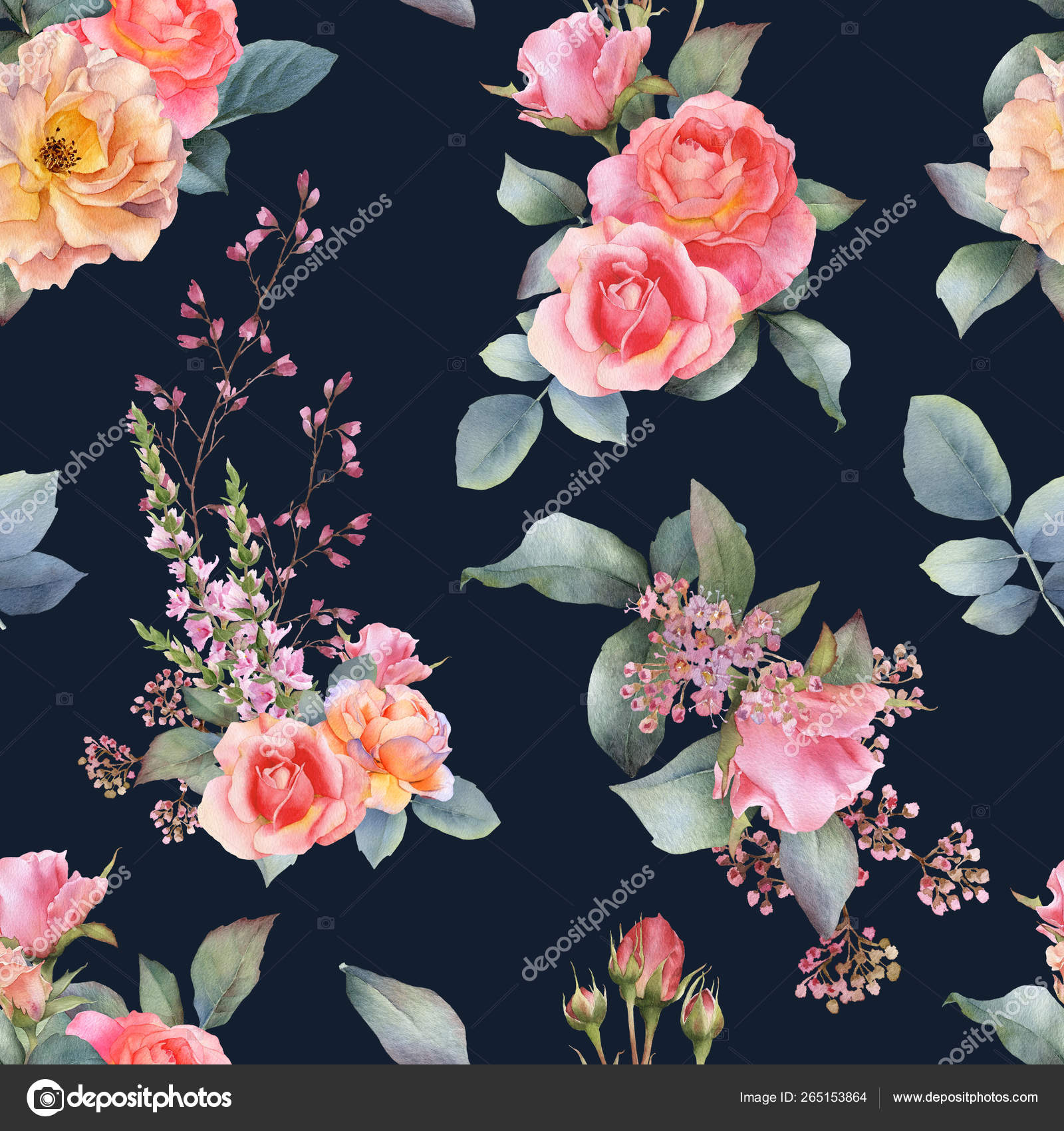 Picturesque Seamless Pattern Yellow Roses Green Gold Leaves