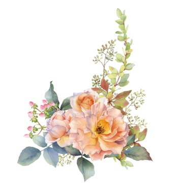 Pitoresk çay gül, tomurcukları, yaprakları, çiçekler ve otlar beyaz bir arka plan üzerinde izole ile el çizilmiş suluboya düzenleme. Düğün davetiyeleri, kartlar, desen için çiçek botanik illüstrasyon