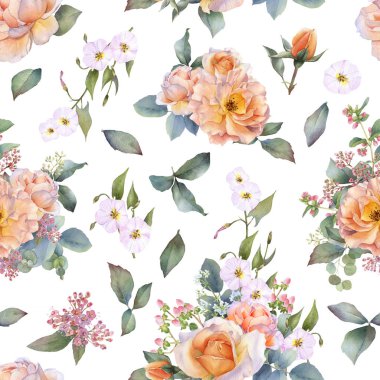 Sarı güller, yeşil ve altın yaprakları ve beyaz bir arka plan üzerinde izole suluboya çizilmiş el sıçramaları ile pitoresk dikişsiz desen. Suluboya çiçek arka plan. Duvar kağıdı veya kumaş için idealdir