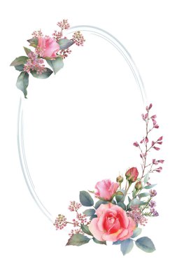 Pembe güller, gül tomurcukları, yeşil yaprakları ve otlar el beyaz bir arka plan üzerinde izole suluboya çizilmiş pitoresk oval çerçeve. Düğün davetiyeleri için çiçek botanik illüstrasyon, tebrik kartları 