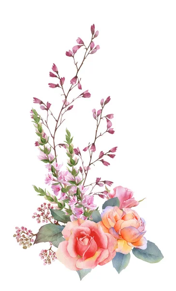 Χειροποίητη Διάταξη Υδατογραφικής Γραφικά Ροζ Τριαντάφυλλα Μπουμπούκια Φύλλα Και Σγουρά — Φωτογραφία Αρχείου