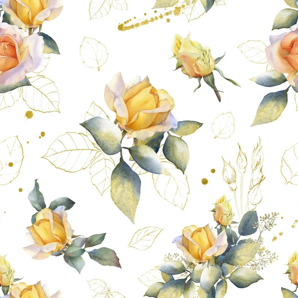 Picturesque Seamless Pattern Yellow Roses Green Gold Leaves Splashes Hand — Stock Photo, Image