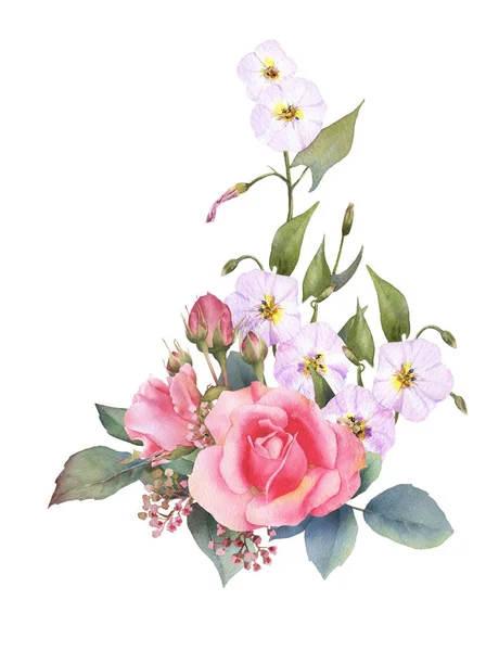 Χειροποίητη Διάταξη Υδατογραφικής Γραφικά Ροζ Τριαντάφυλλα Μπουμπούκια Φύλλα Και Σγουρά — Φωτογραφία Αρχείου