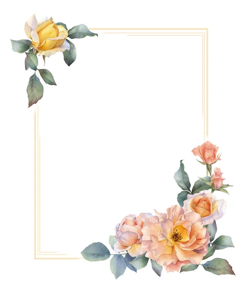 Kézzel Rajzolt Akvarell Keret Festői Teás Rózsa Bindweeds Levelek Virágok — Stock Fotó