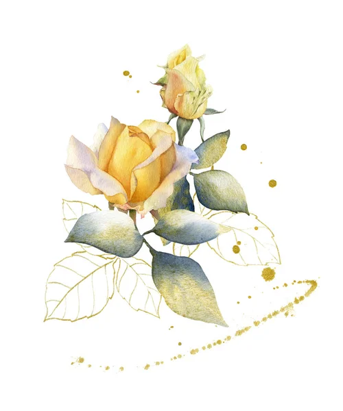 Handritade Akvarell Arrangemang Med Pittoreska Rosor Blommor Rosenknoppar Och Blad — Stockfoto