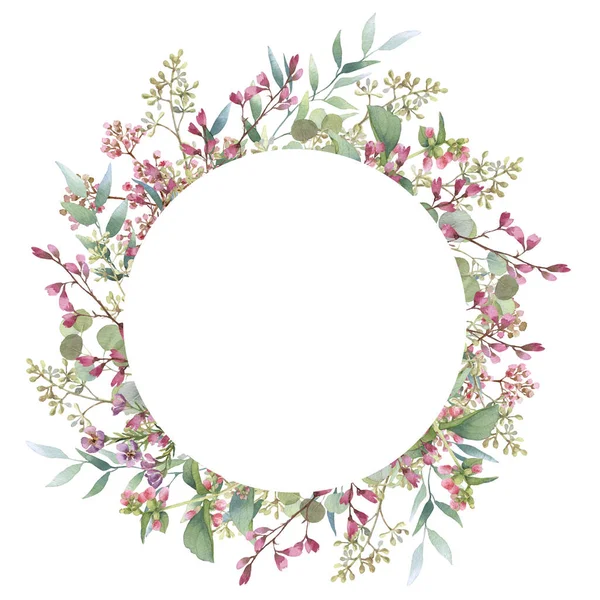 Hand Drawn Watercolor Wreath Picturesque Herbs Leaves Bloom Bindweed Isolated — Stock Photo, Image