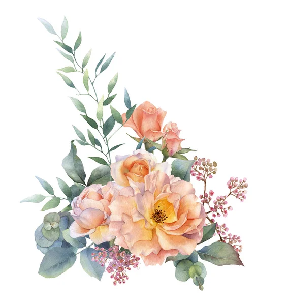 Handritade Akvarell Arrangemang Med Pittoreska Ros Blommor Rosenknoppar Och Löv — Stockfoto