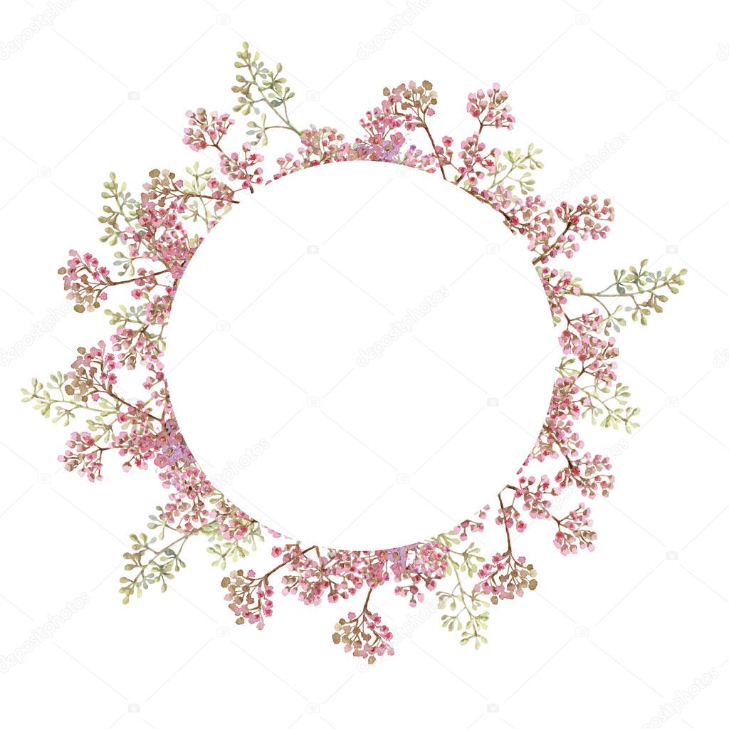 Hand drawn watercolor wreath with picturesque herbs, leaves and bloom bindweed isolated on a white background. Ideal for creating invitations, greeting cards. Floral illustration.Botanic composition