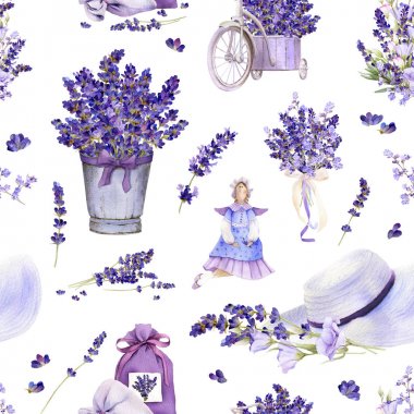 Lavanta çiçekleri, aranjmanlar, buketler, tilda bebek, yaz şapka, beyaz bir arka plan üzerinde izole suluboya çizilmiş pot el ile Provence tarzında Dikişsiz desen.