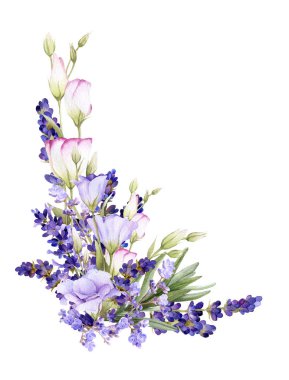Beyaz bir arka plan üzerinde izole suluboya çizilmiş lavanta ve bluebells el pitoresk düzenleme. 