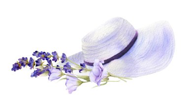 Woman summer hat and bouquet of lavender and eustoma hand drawn in watercolor isolated on a white background.  clipart