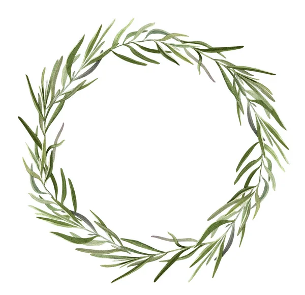 Hand Drawn Watercolor Wreath Green Lavender Leaves Isolated White Background — Stock Photo, Image