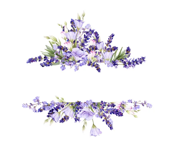 Picturesque Frame Lavender Bluebells Leaves Herbs Hand Drawn Watercolor Isolated — Stock Photo, Image
