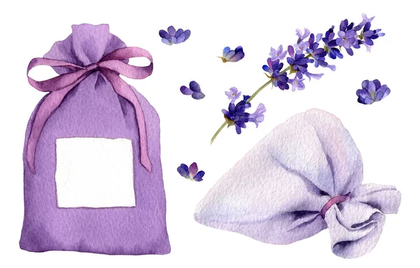 Conjunto Duas Saquetas Lilás Com Arco Ramo Lavanda Flores Lavanda Imagem De Stock