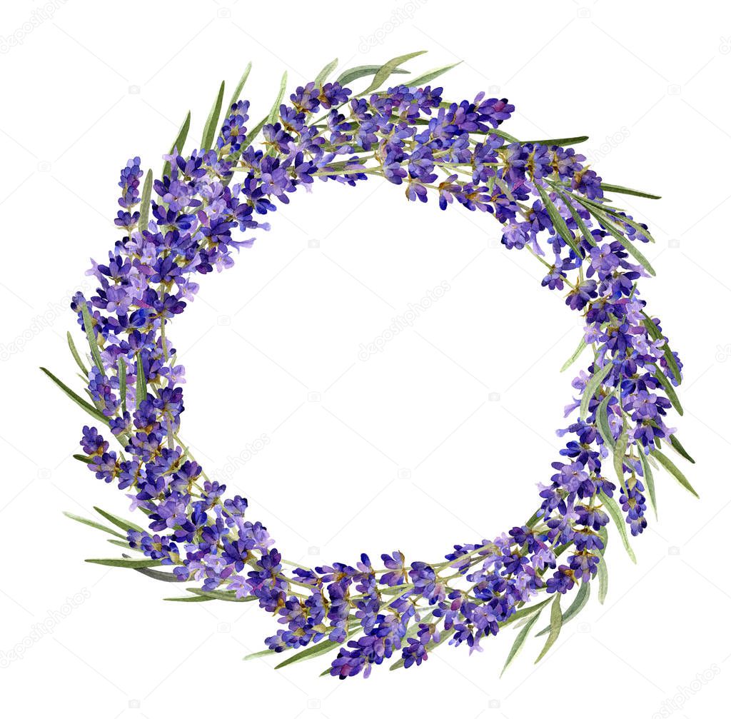 Hand drawn watercolor wreath with lavender branches and lilac limonium flowers isolated on a white background. 